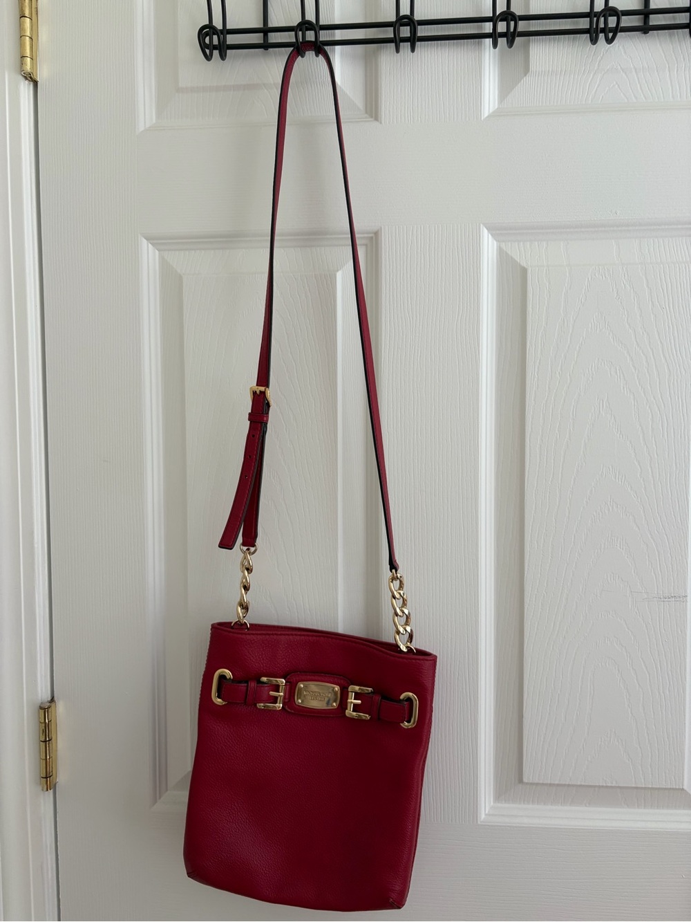 Michael Kors Red Leather Crossbody with Gold Chain Accents
